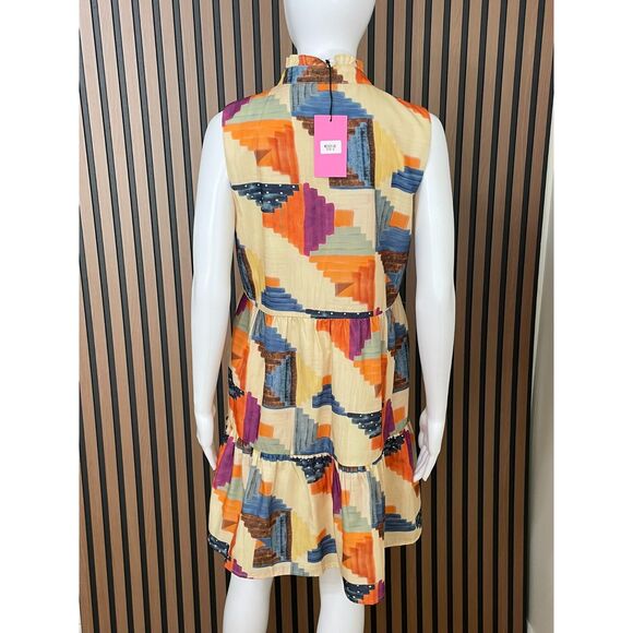 THML Women's Dress Fit & Flare S Tiered Mini Summer Beach Boho Geometric Brown - Picture 2 of 10